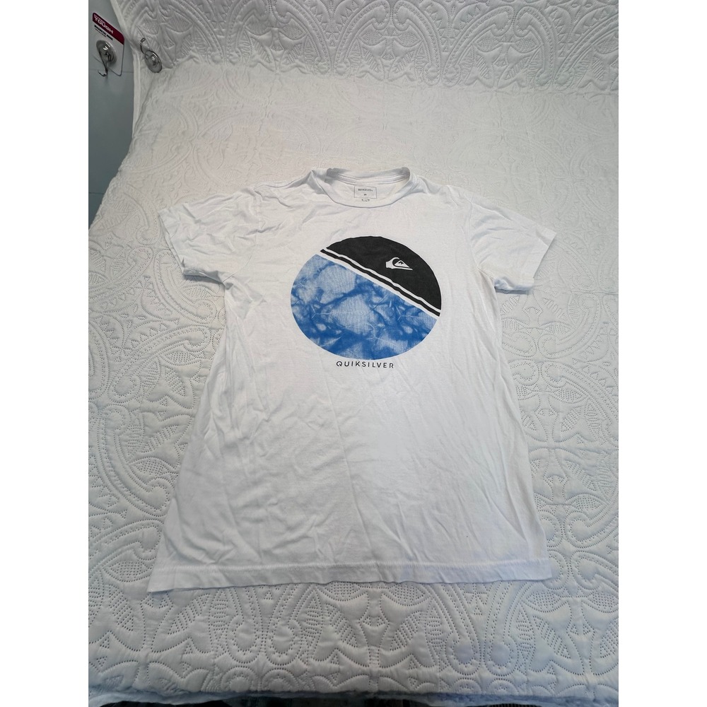 Quiksilver Mens White Graphic Tee Blue Tie Dye Circle Logo T-Shirt Size M